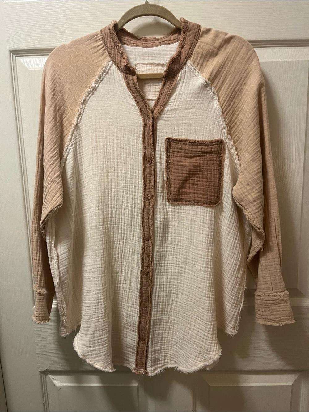 Aerie Double Gauze Button Front Top Sz XS Color Block Raw Hem Boho Cottagecore